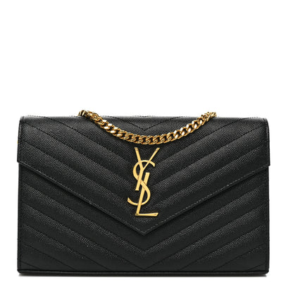 Saint Laurent Grain De Poudre Matelasse Chevron Monogram Chain Wallet Black 1 of 7