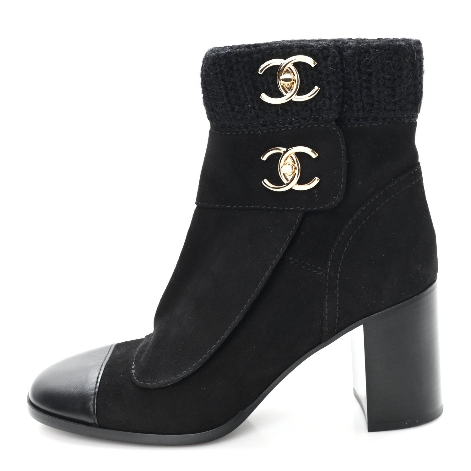 Chanel Suede Lambskin Knit CC Short Boots 39 Black 1838428