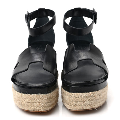 Hermes Goatskin Elda Espadrille Wedge Sandals 38 Black 2 of 8