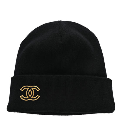 Chanel Cashmere CC Beanie Hat Black Gold 1 of 5