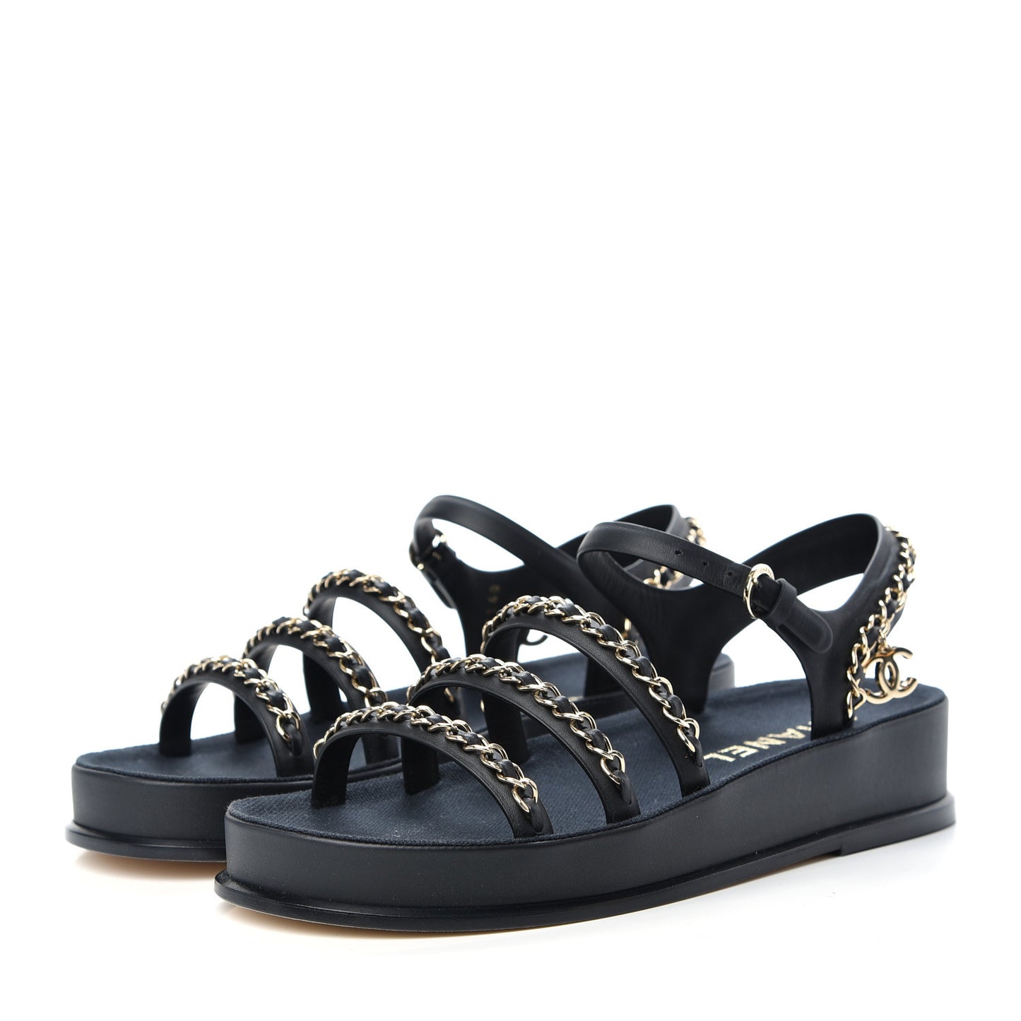 Calfskin Chain Platform Sandals 37 Navy