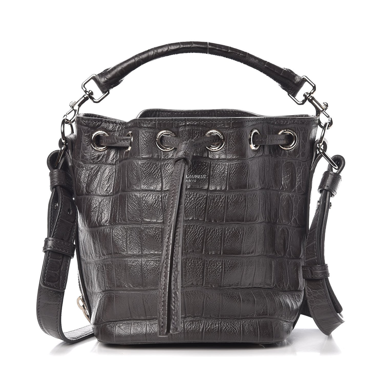 Calfskin Crocodile Embossed Small Emmanuelle Bucket Bag Coal