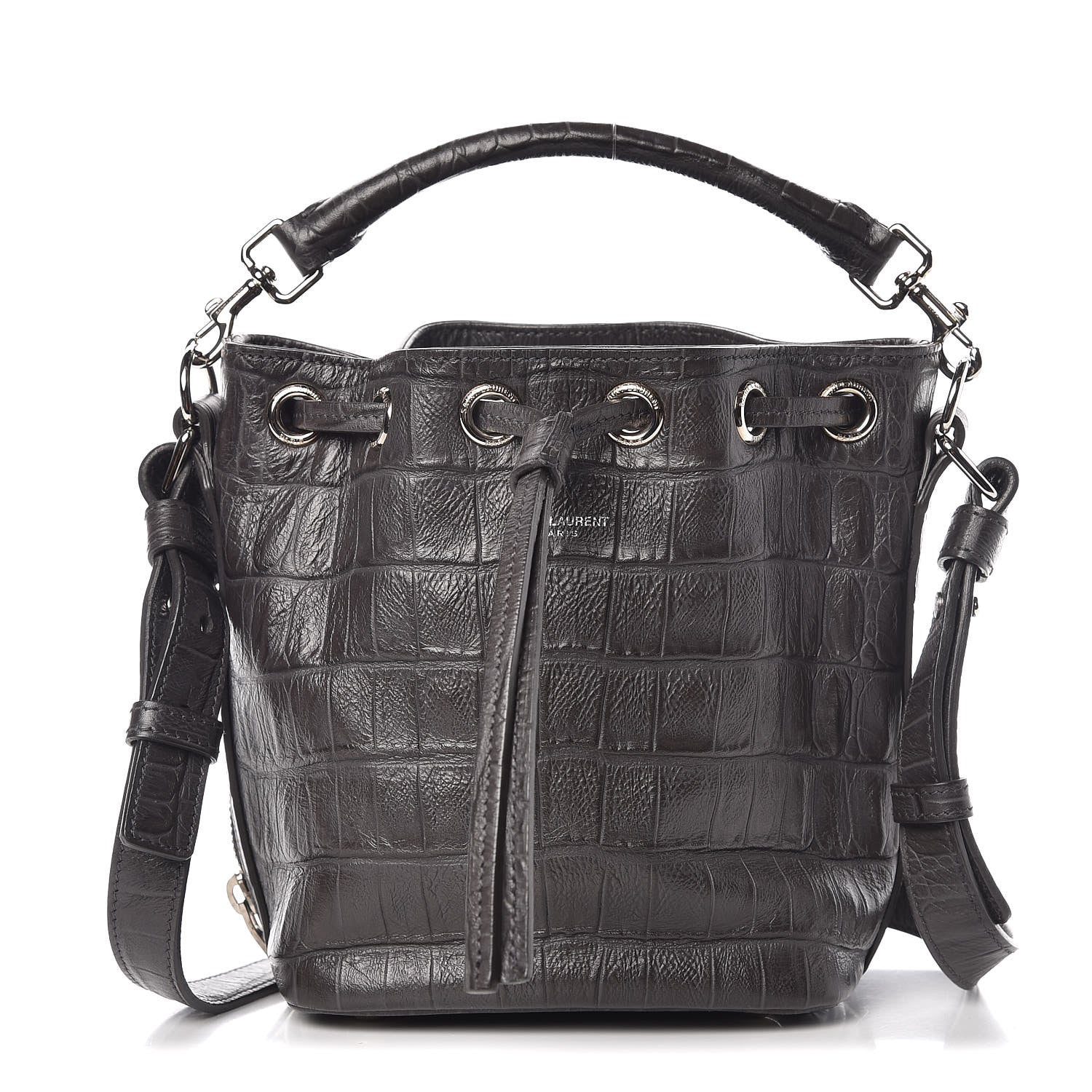 Saint Laurent Calfskin Crocodile Embossed Small Emmanuelle Bucket Bag Coal 1 of 9
