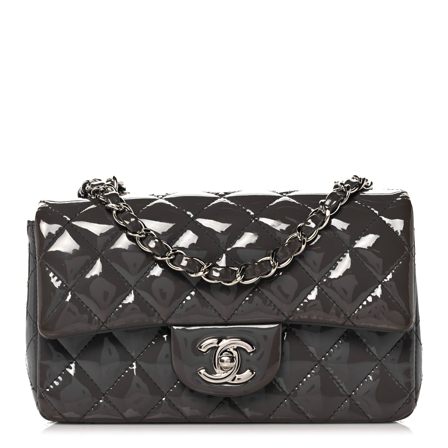 Patent Calfskin Quilted Mini Rectangular Flap Grey