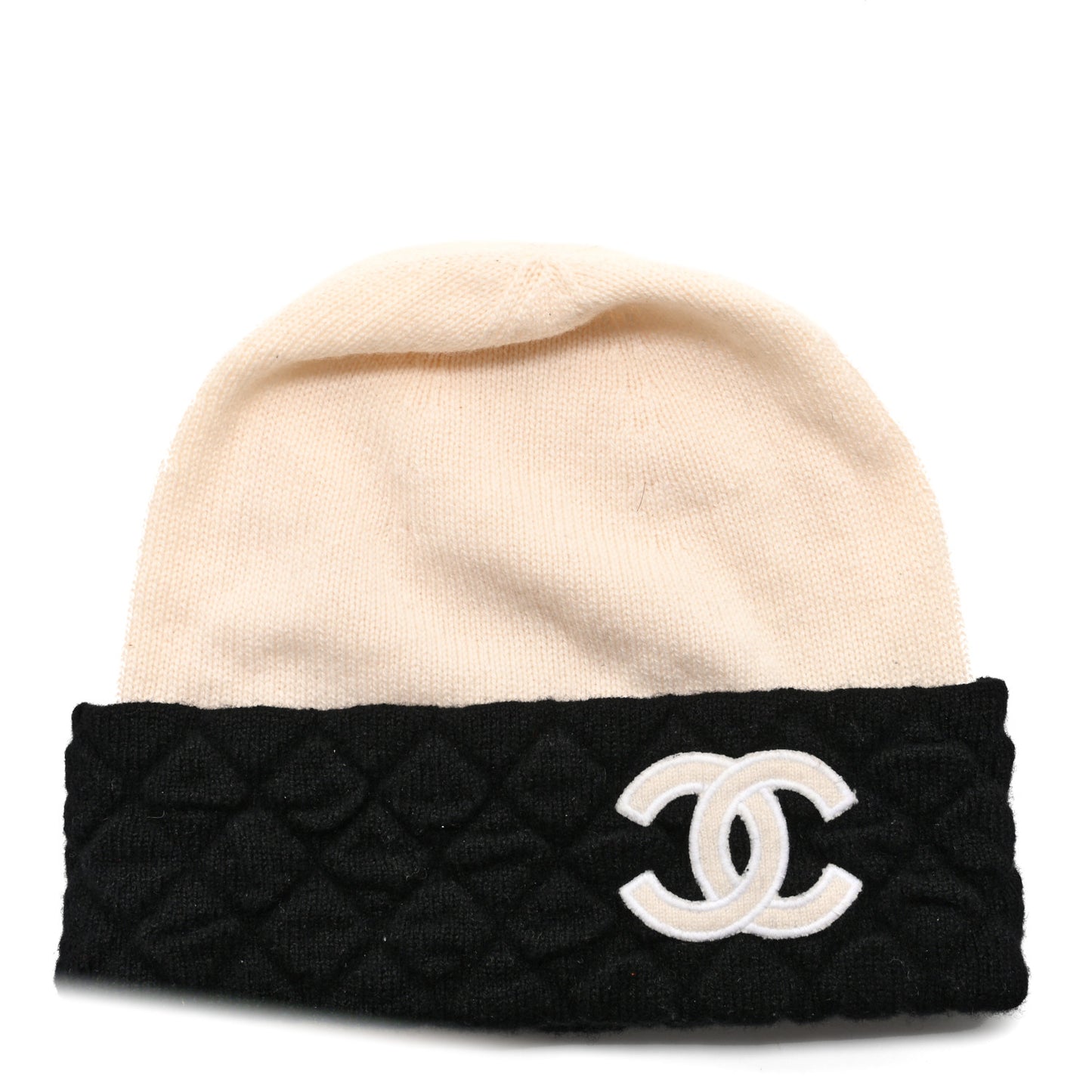 Cashmere Quilted CC Beanie Hat Ivory Black
