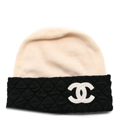 Chanel Cashmere Quilted CC Beanie Hat Ivory Black 1 of 3