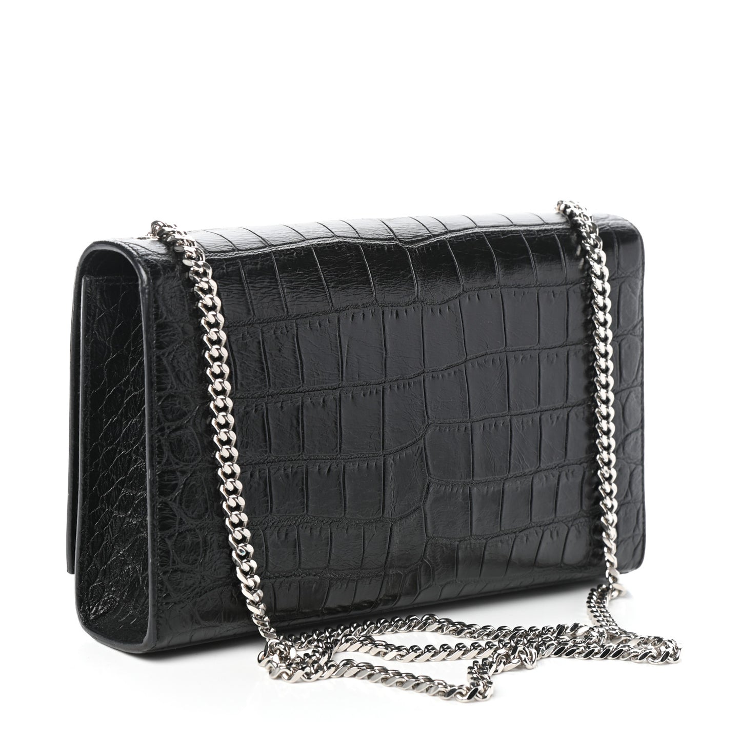 Calfskin Crocodile Embossed Medium Classic Monogram Kate Tassel Satchel Black