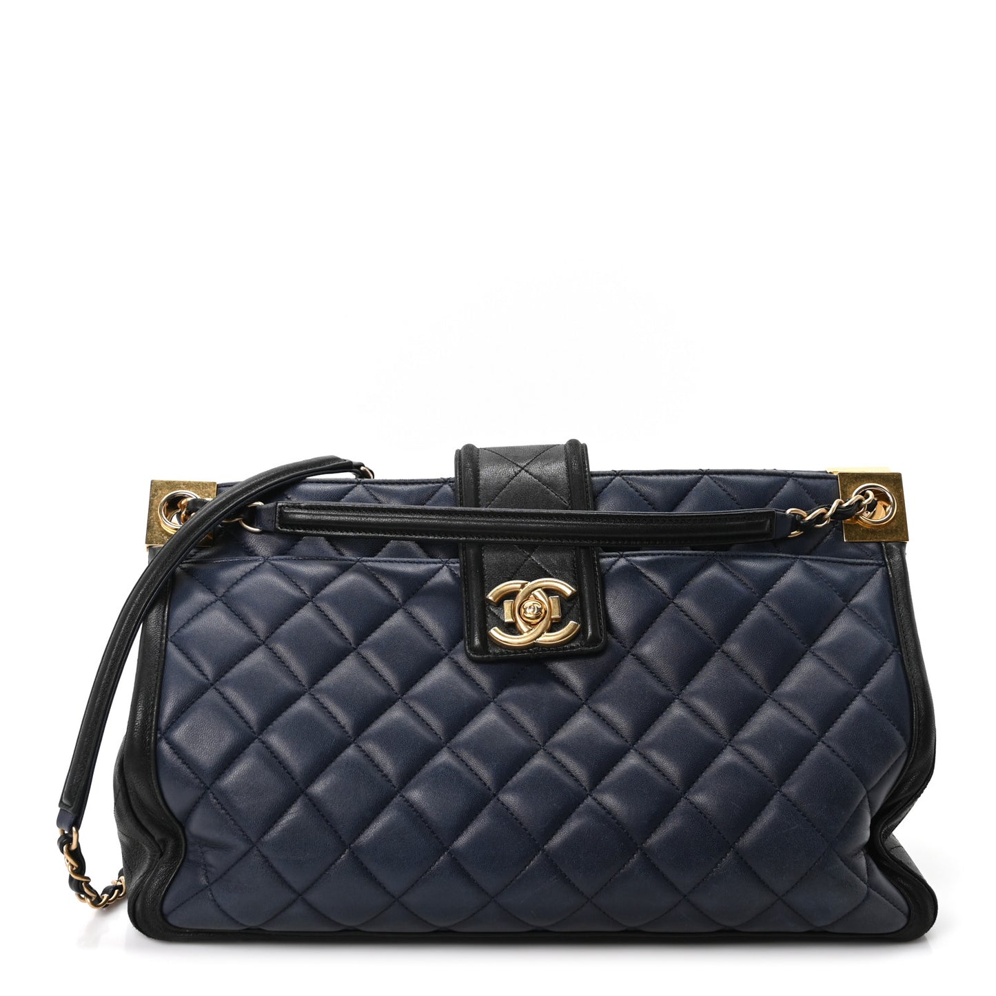 Lambskin Quilted Elegant CC Shopping Tote Navy Black