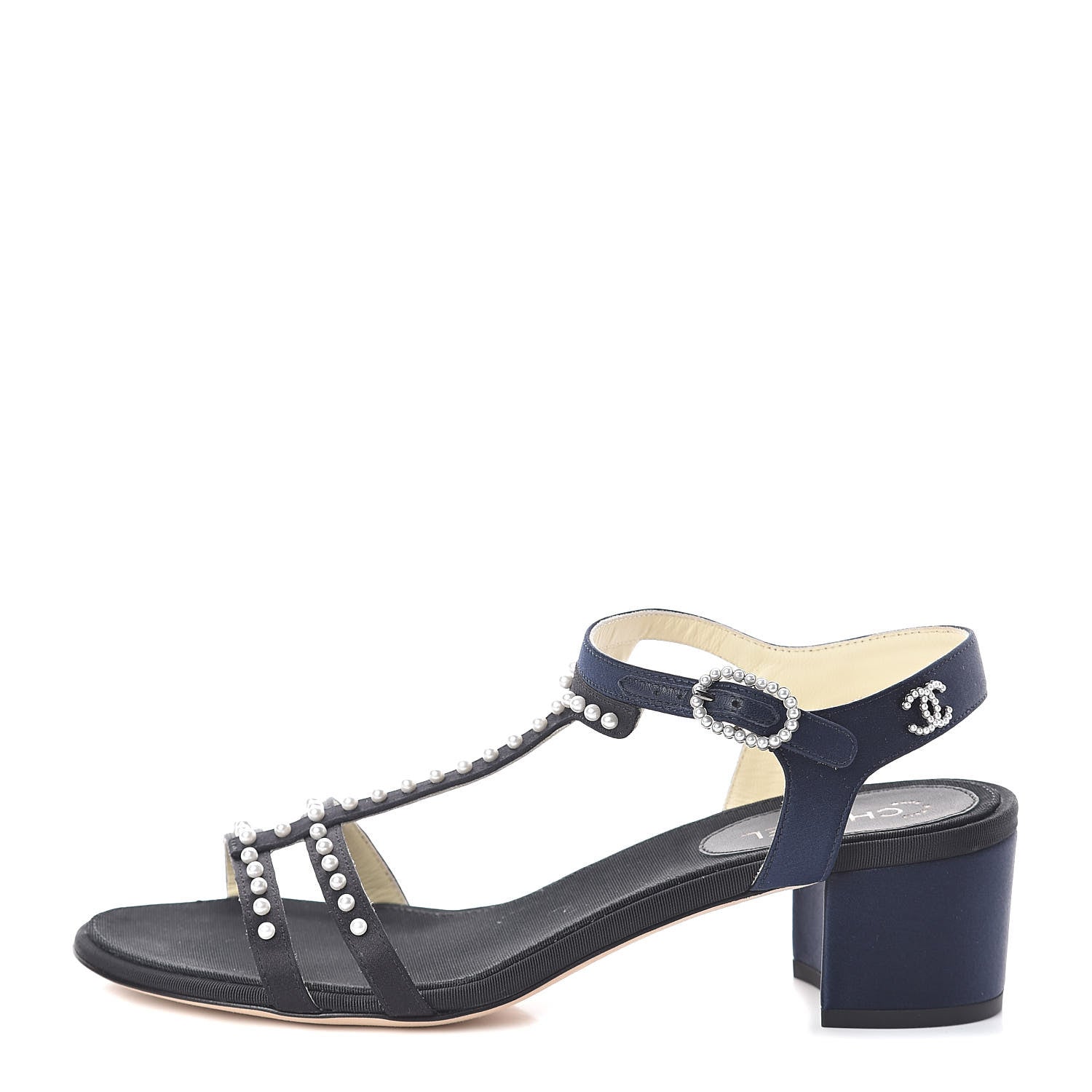 Chanel Satin Pearl Sandals 36.5 Black Navy 1 of 7