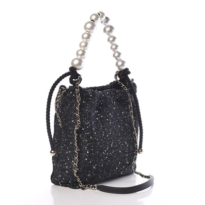 Chanel Tweed Sequin Pearl Drawstring Chain Bag Black Navy 3 of 10