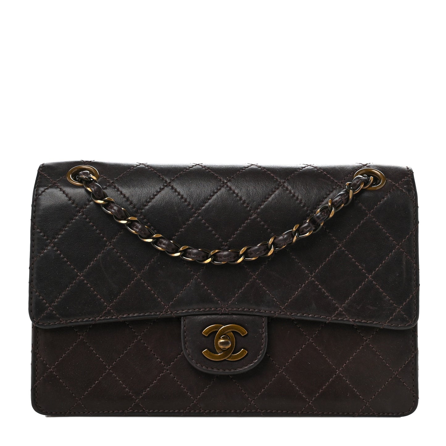 Calfskin Stitched Medium Single Flap Brown