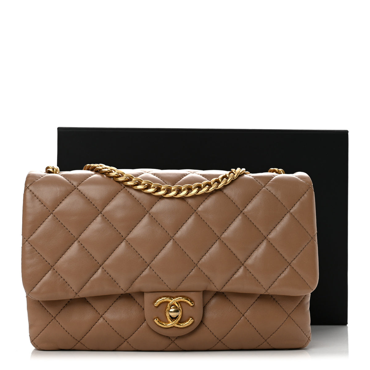 Lambskin Quilted Medium Pillow Crush Flap Beige