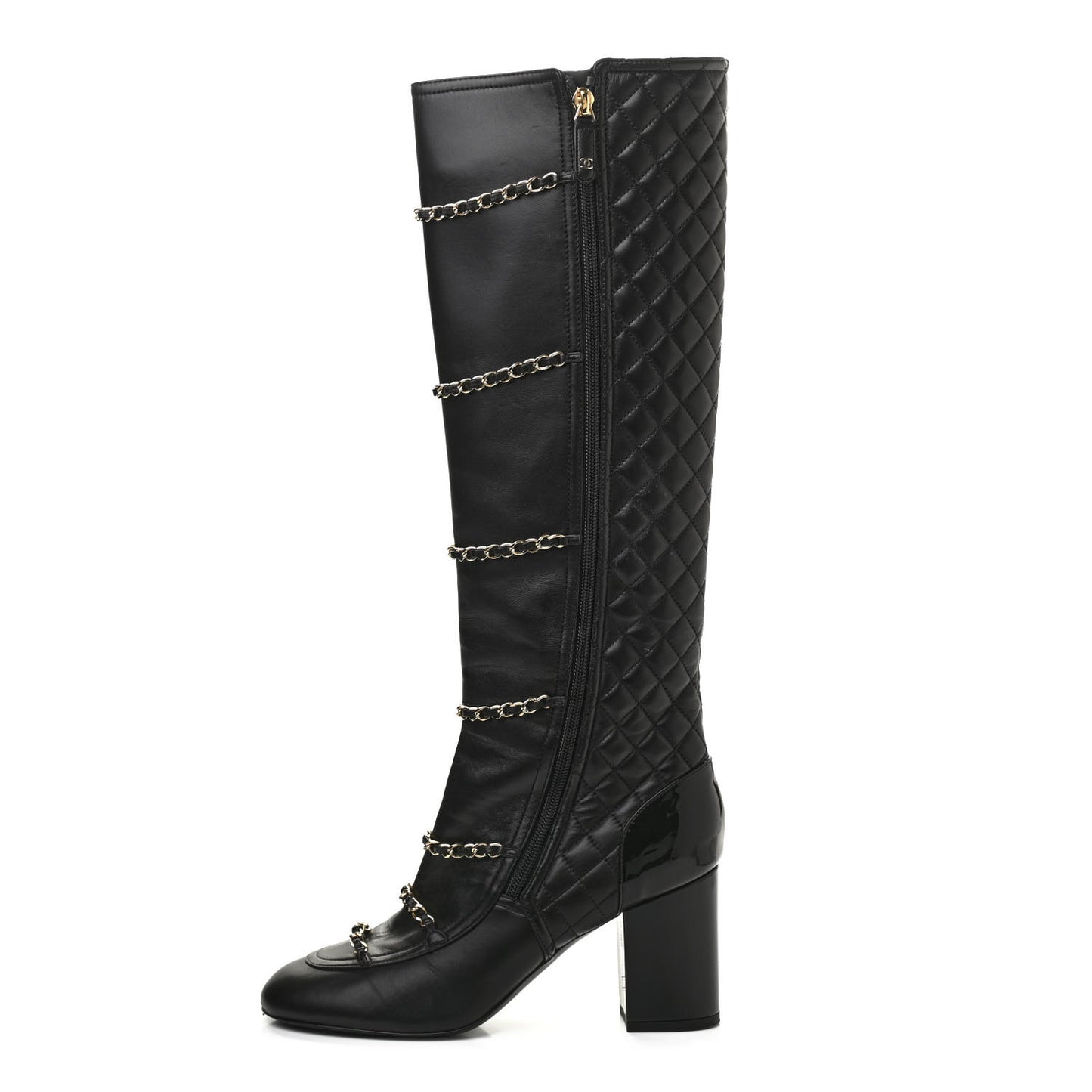 Lambskin Patent Calfskin Chained High Boots 39 Black