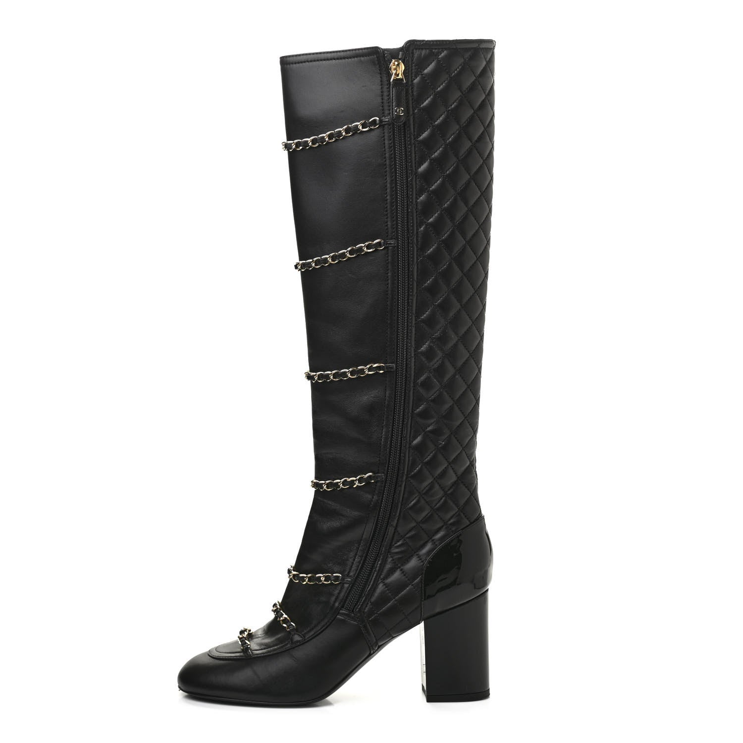 Chanel Lambskin Patent Calfskin Chained High Boots 39 Black 1 of 8