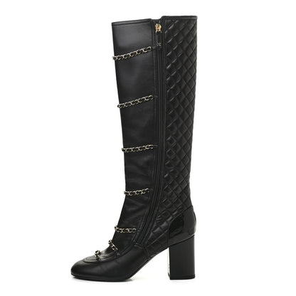 Chanel Lambskin Patent Calfskin Chained High Boots 39 Black 1 of 8
