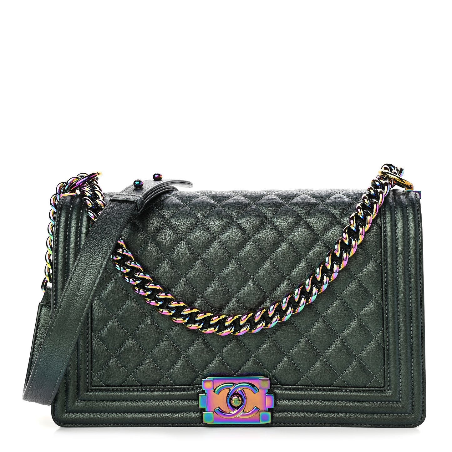 Iridescent Goatskin Quilted New Medium Boy Flap Green