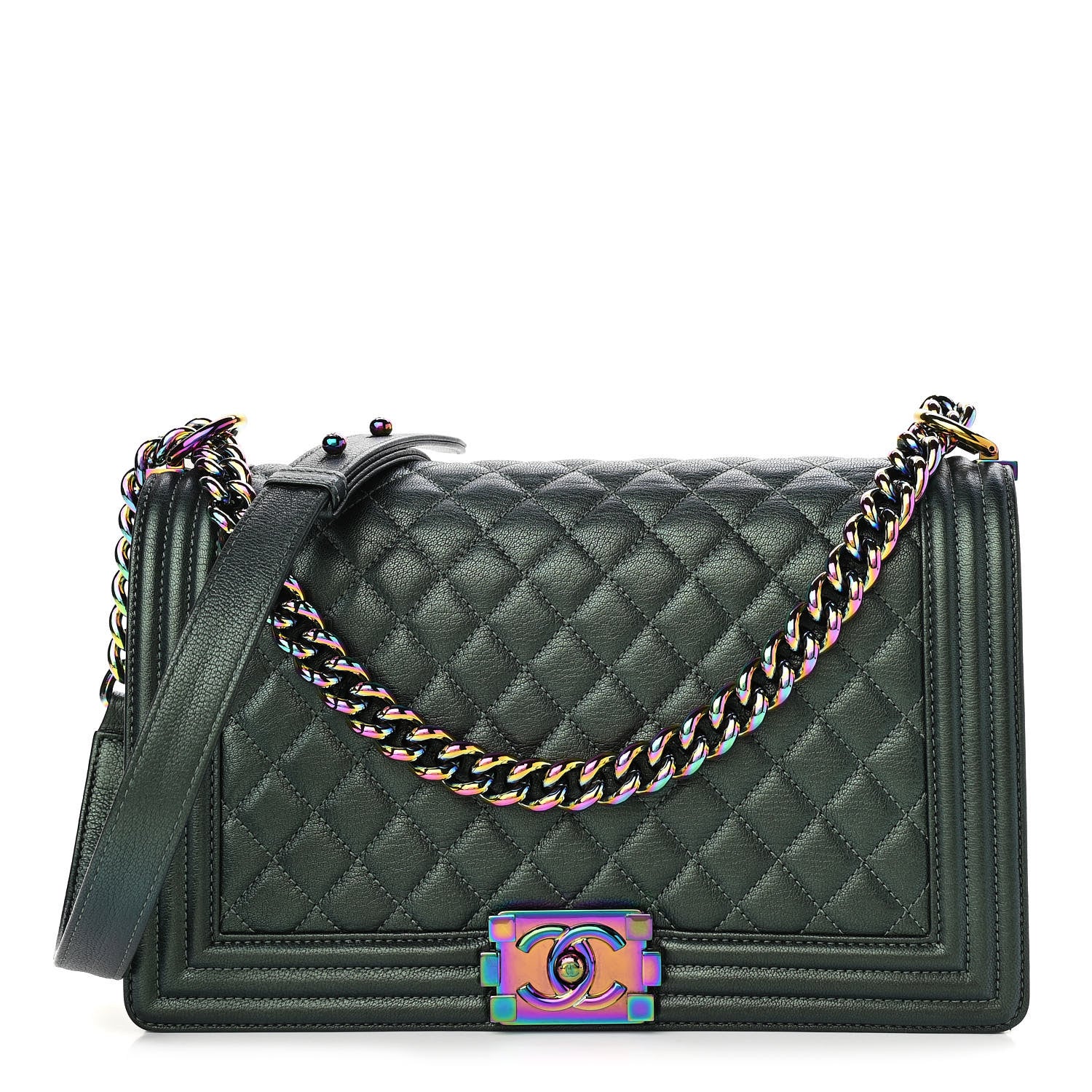 Chanel Iridescent Goatskin Quilted New Medium Boy Flap Green 1 of 10