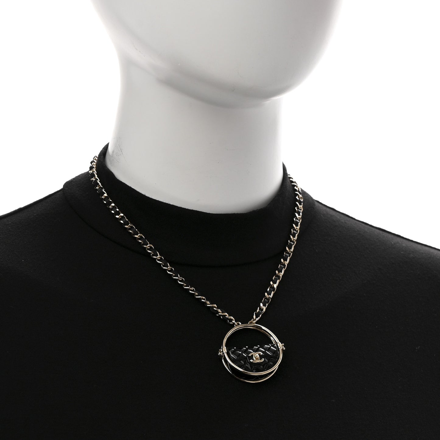 Metal Resin Lambskin Round Flap Necklace Gold Black