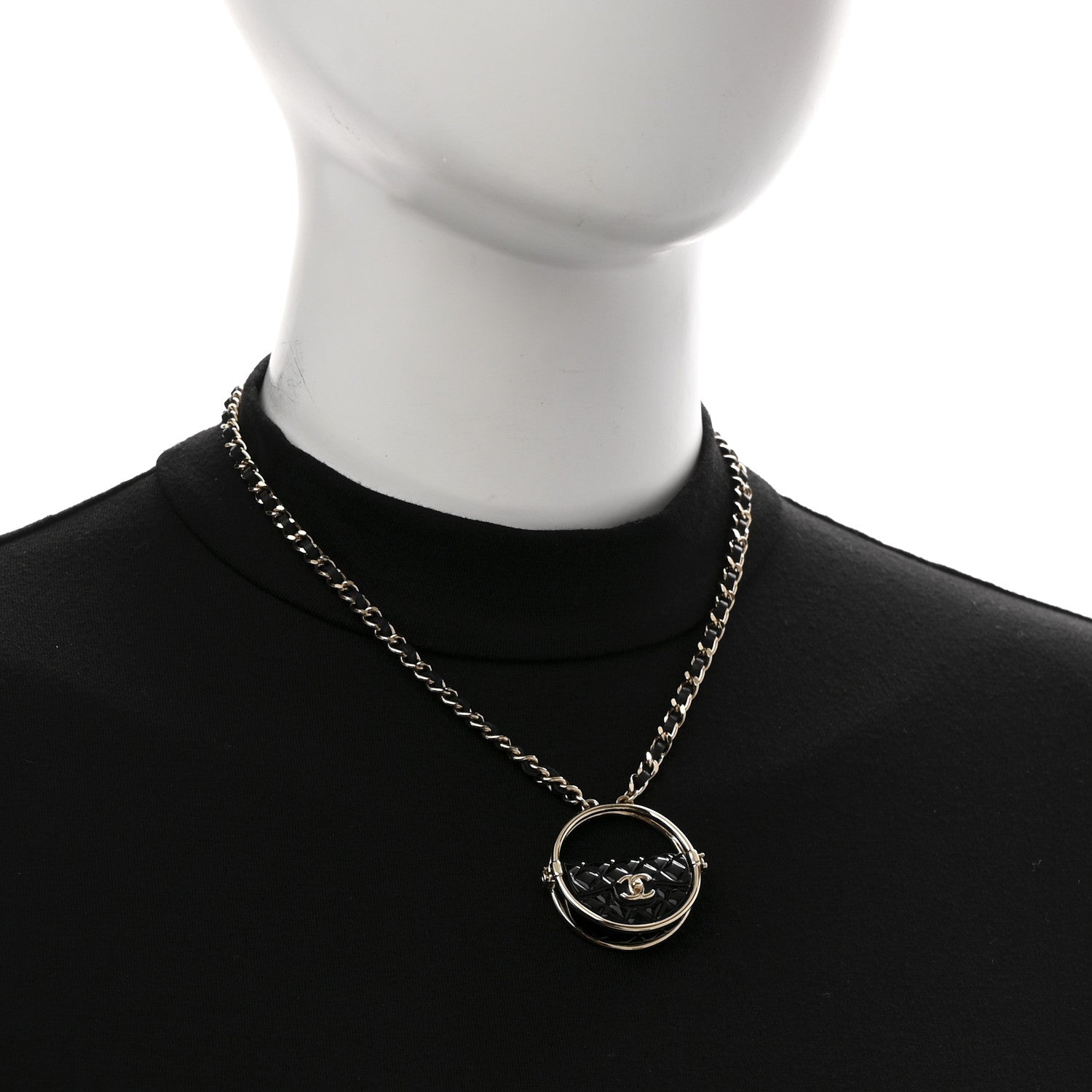 Chanel Metal Resin Lambskin Round Flap Necklace Gold Black 2 of 7
