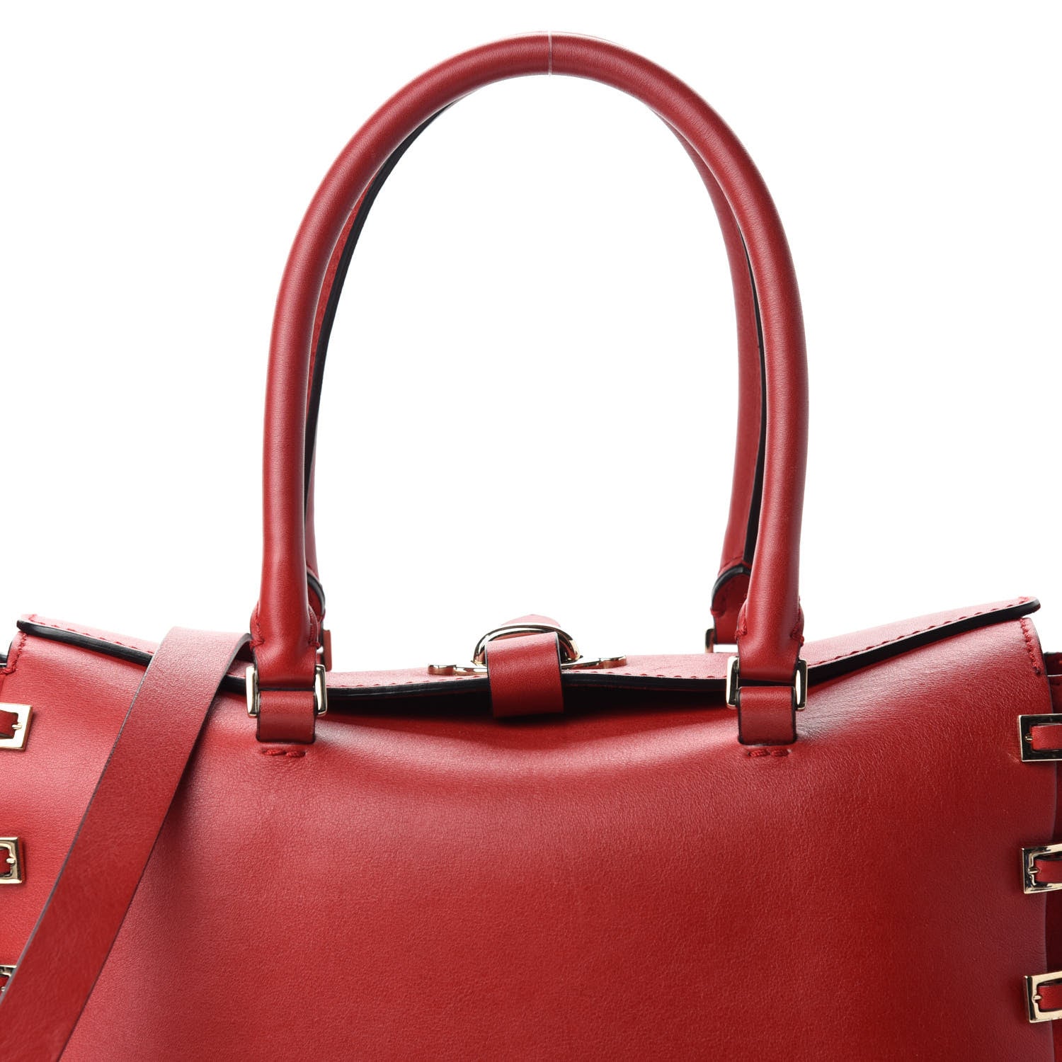 Valentino Garavani Vitello Buckle Trimmed Top Handle Satchel Red 11 of 11