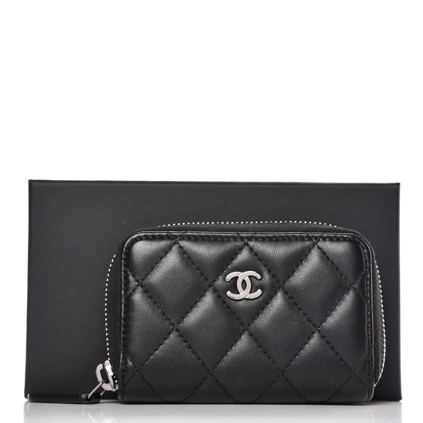 Lambskin Quilted Zip Around Coin Purse Wallet Black