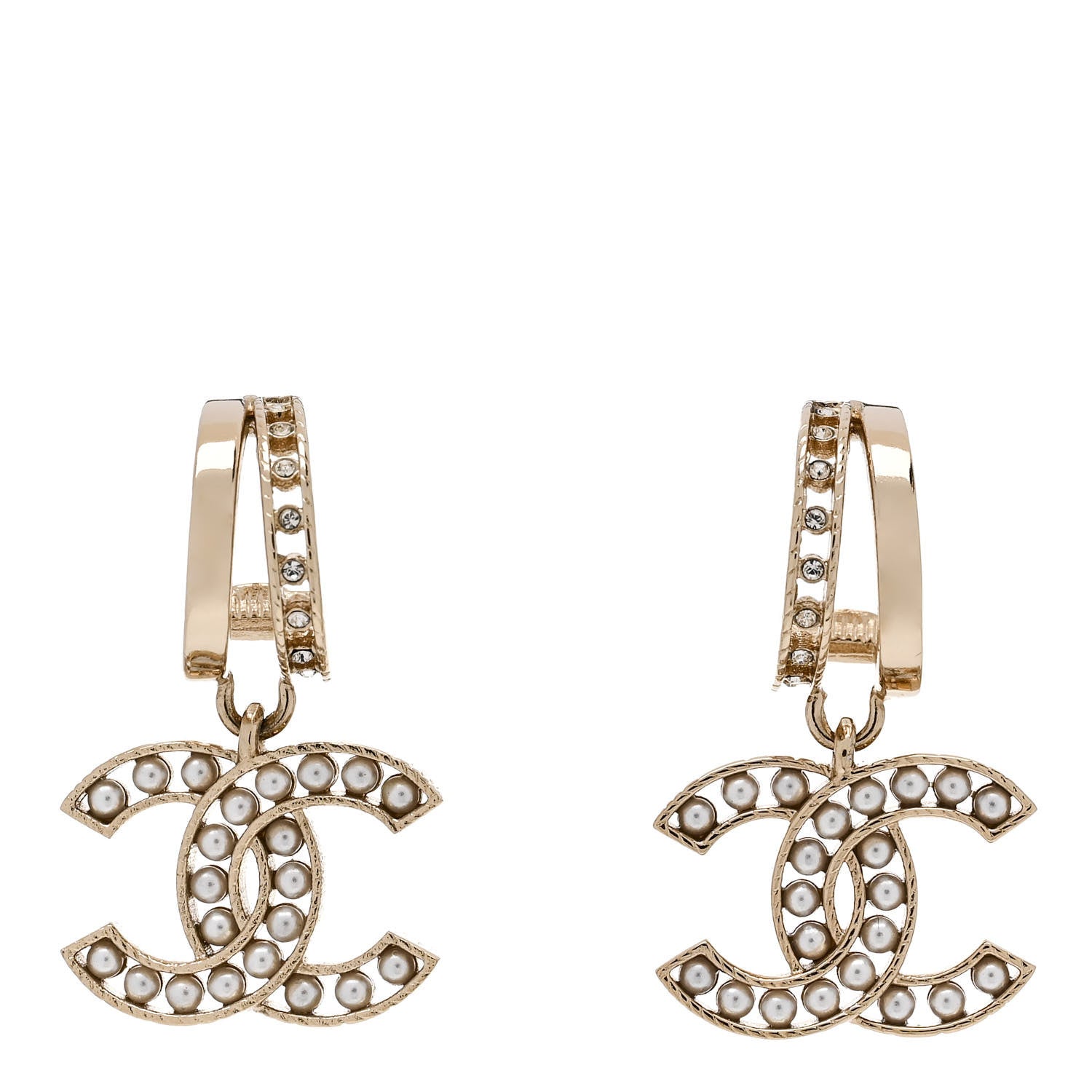 Chanel Crystal Pearl CC Hoop Drop Earrings Gold 1 of 5