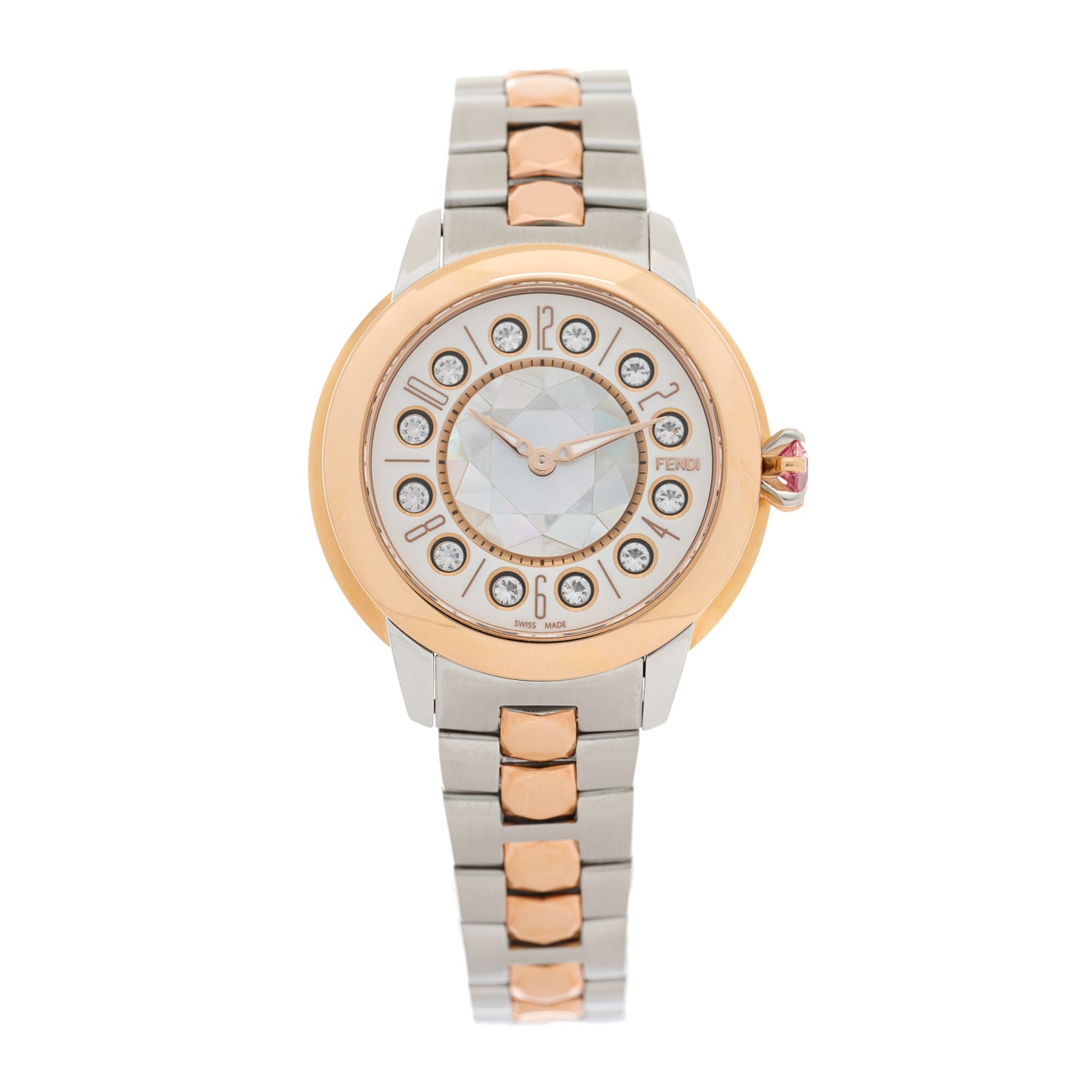 Stainless Steel Mother of Pearl Topaz Spinel 33mm Ishine Rotating Gem Two Tone Quartz Watch