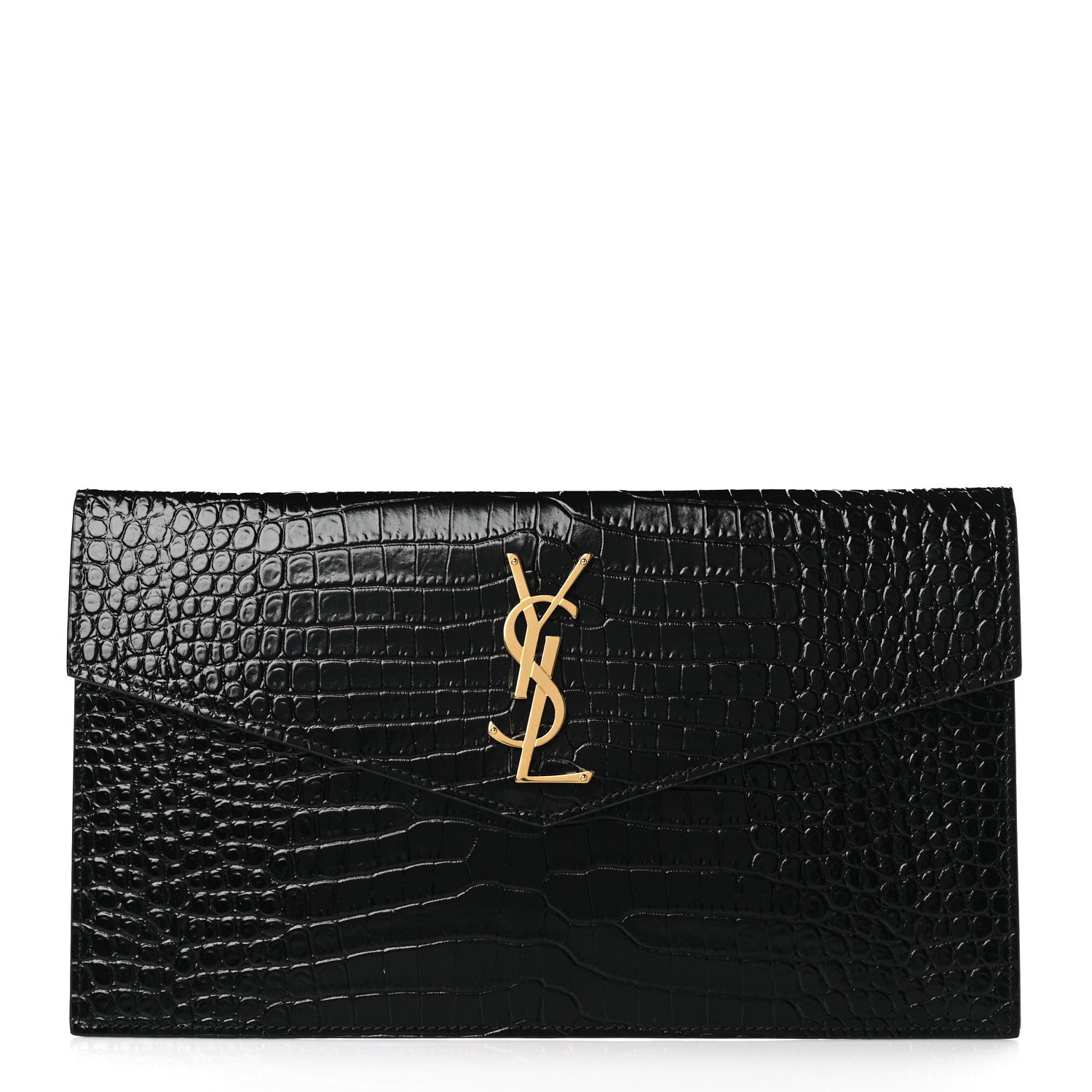 Saint Laurent Calfskin Crocodile Embossed Uptown Monogram Clutch Black 1 of 7