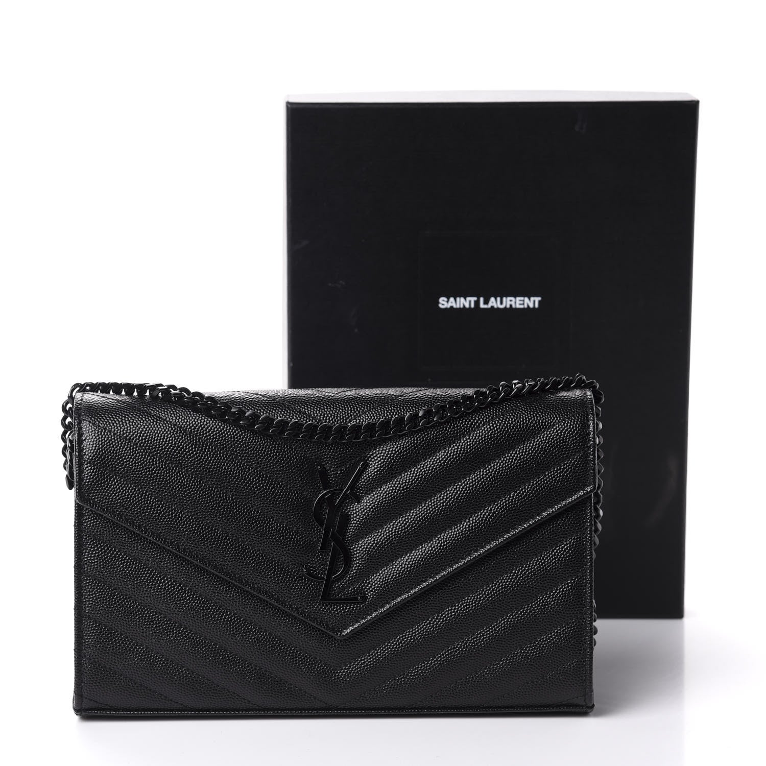 Saint Laurent Grain De Poudre Matelasse Chevron Monogram Chain Wallet Black 11 of 11