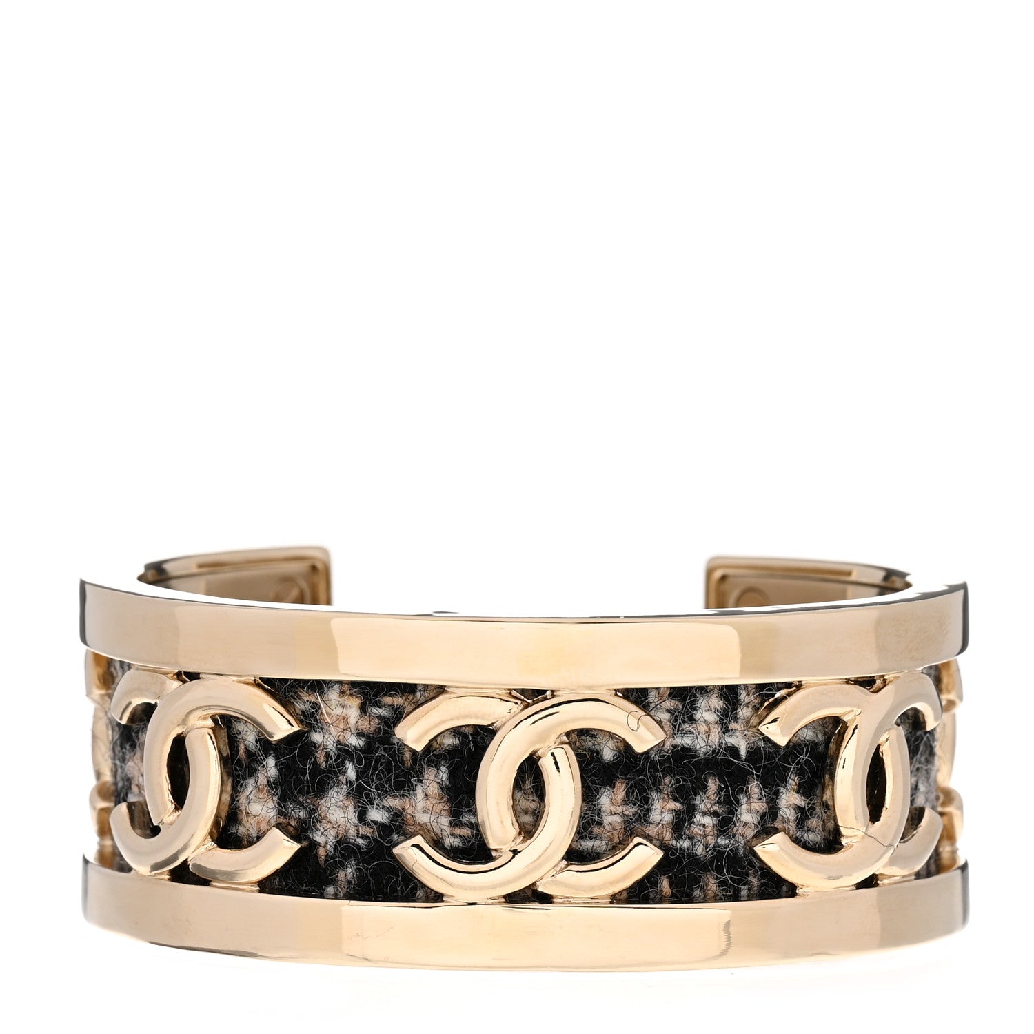 Chanel CC Tweed Cuff Bracelet S Gold Beige Black 1 of 5