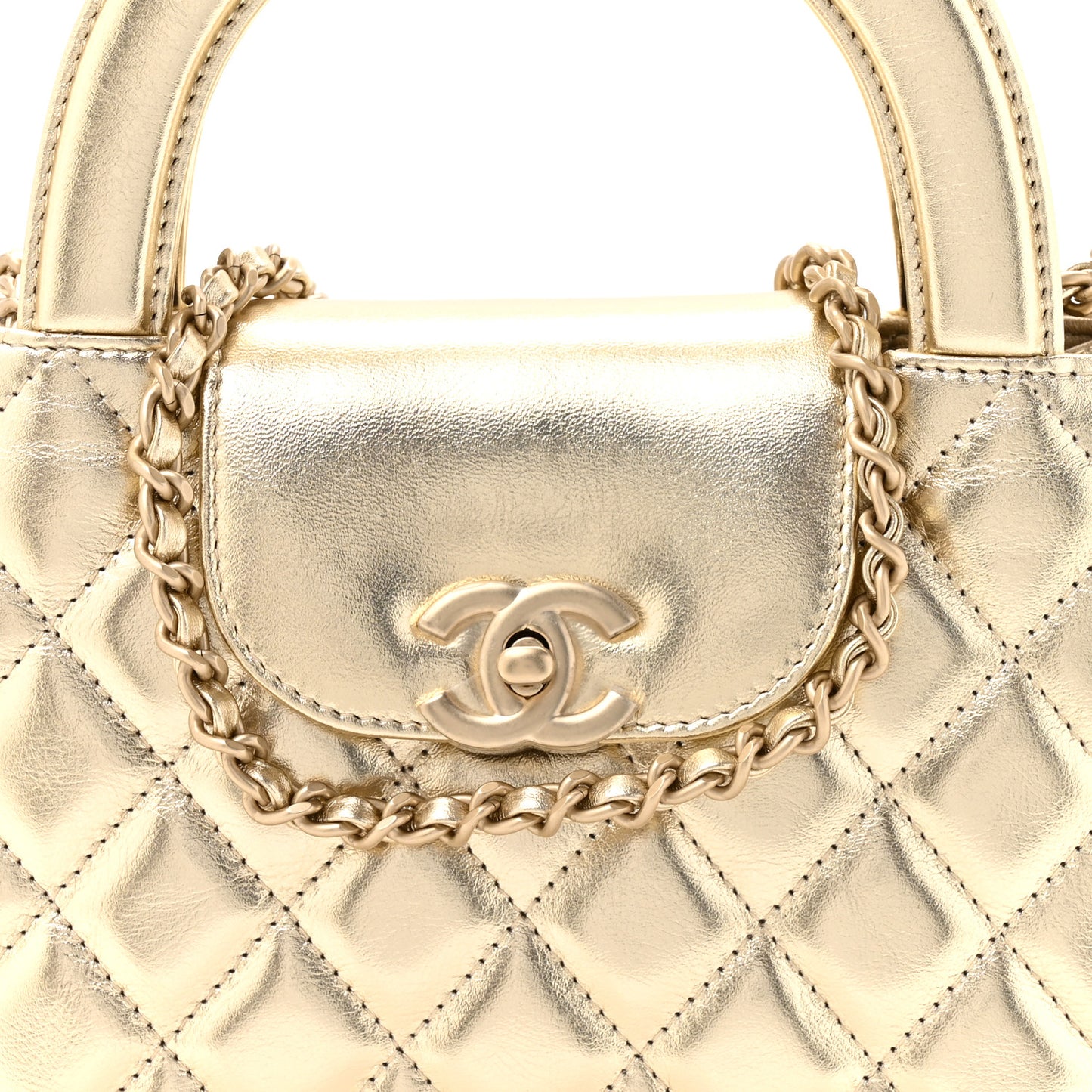 Metallic Shiny Aged Calfskin Quilted Nano Kelly Shopper Gold