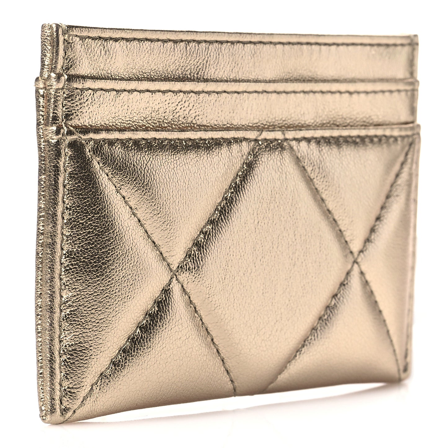 Metallic Lambskin Quilted Chanel 19 Card Holder Gold
