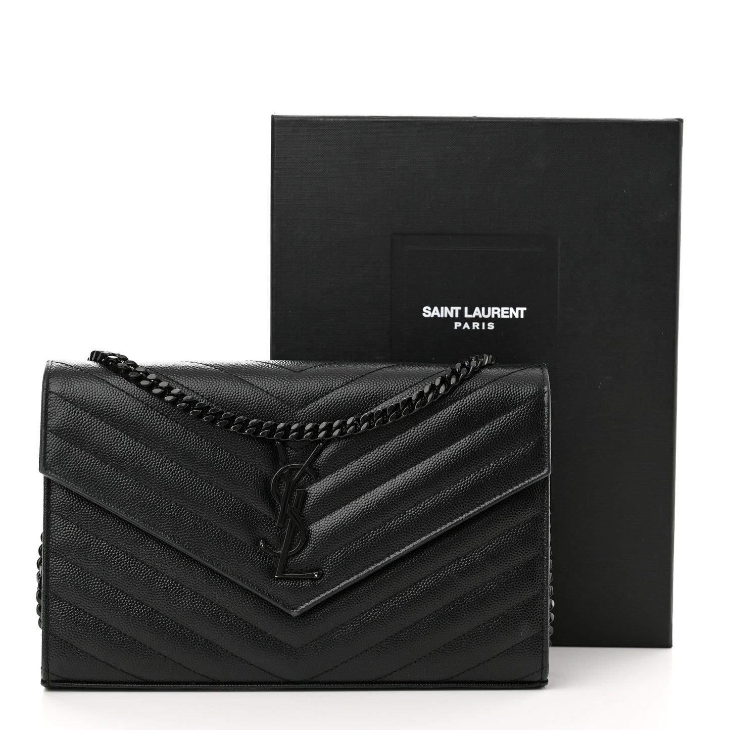 Grain De Poudre Matelasse Chevron Monogram Monochrome Chain Wallet Black