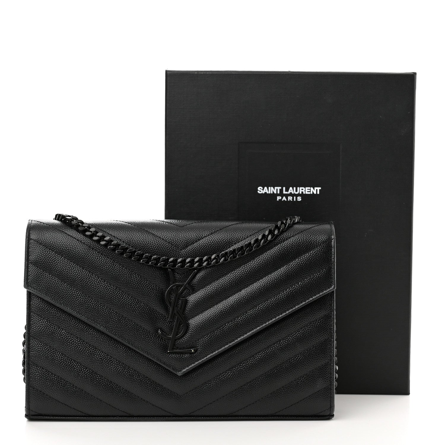 Saint Laurent Grain De Poudre Matelasse Chevron Monogram Monochrome Chain Wallet Black 12 of 12