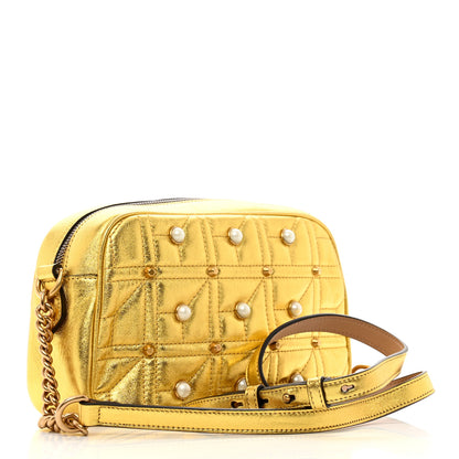Gucci Metallic Calfskin Matelasse Studded Small Pearly GG Marmont Chain Shoulder Bag Gold 3 of 10