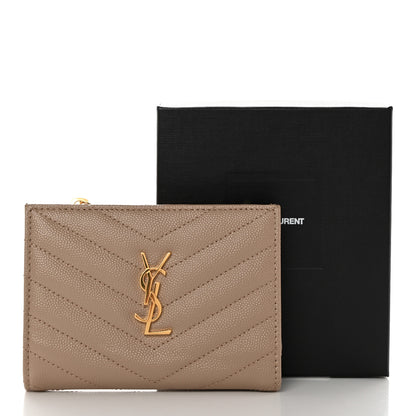 Saint Laurent Grain De Poudre Matelasse Chevron Monogram Zipped Two-Part Wallet Dark Beige 8 of 8