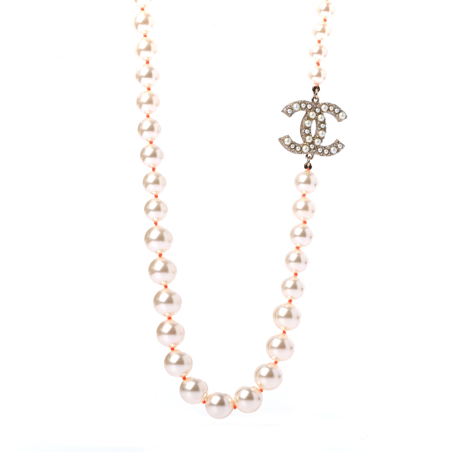 Pearl Crystal CC Long Necklace Gold Pearly White Orange