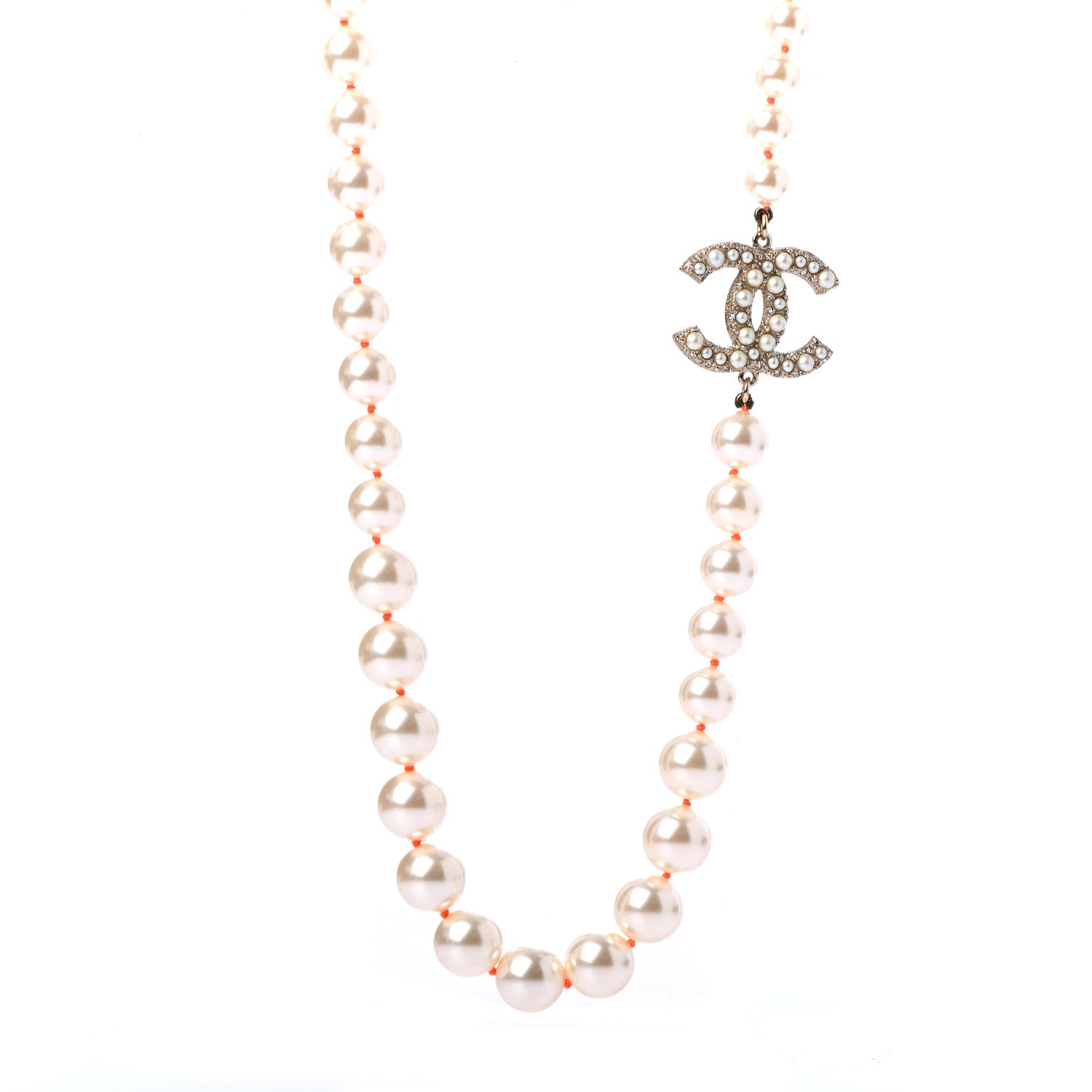 Chanel Pearl Crystal CC Long Necklace Gold Pearly White Orange 1 of 4