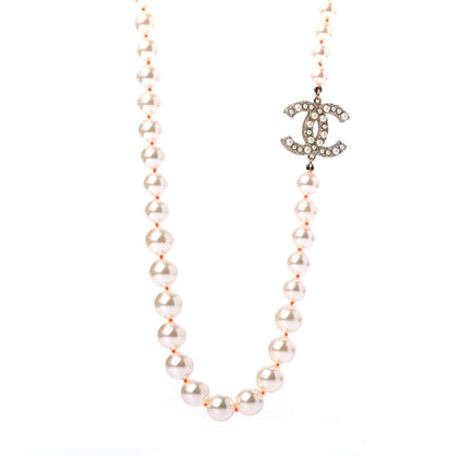 Chanel Pearl Crystal CC Long Necklace Gold Pearly White Orange 1 of 4