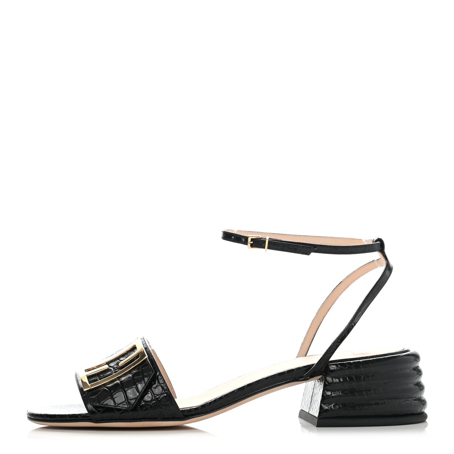 Fendi Vitello Crocodile Embossed Promenade Ankle Strap Sandals 41 Black 1 of 7