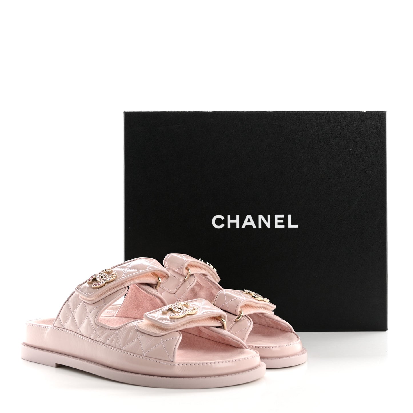 Shiny Calfskin Quilted Velcro Dad Crystal CC Slide Sandals 37 Light Pink
