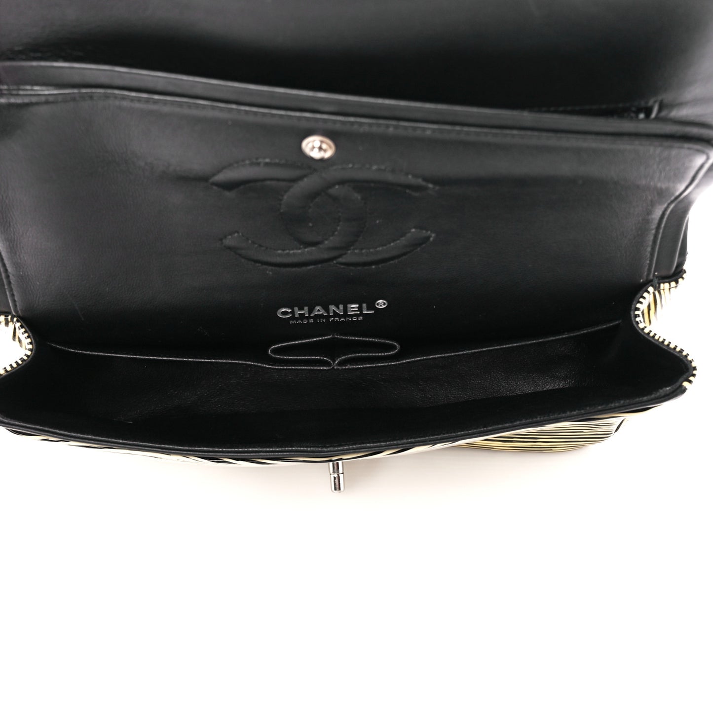 Patent Calfskin Striped Medium Double Flap Yellow Black