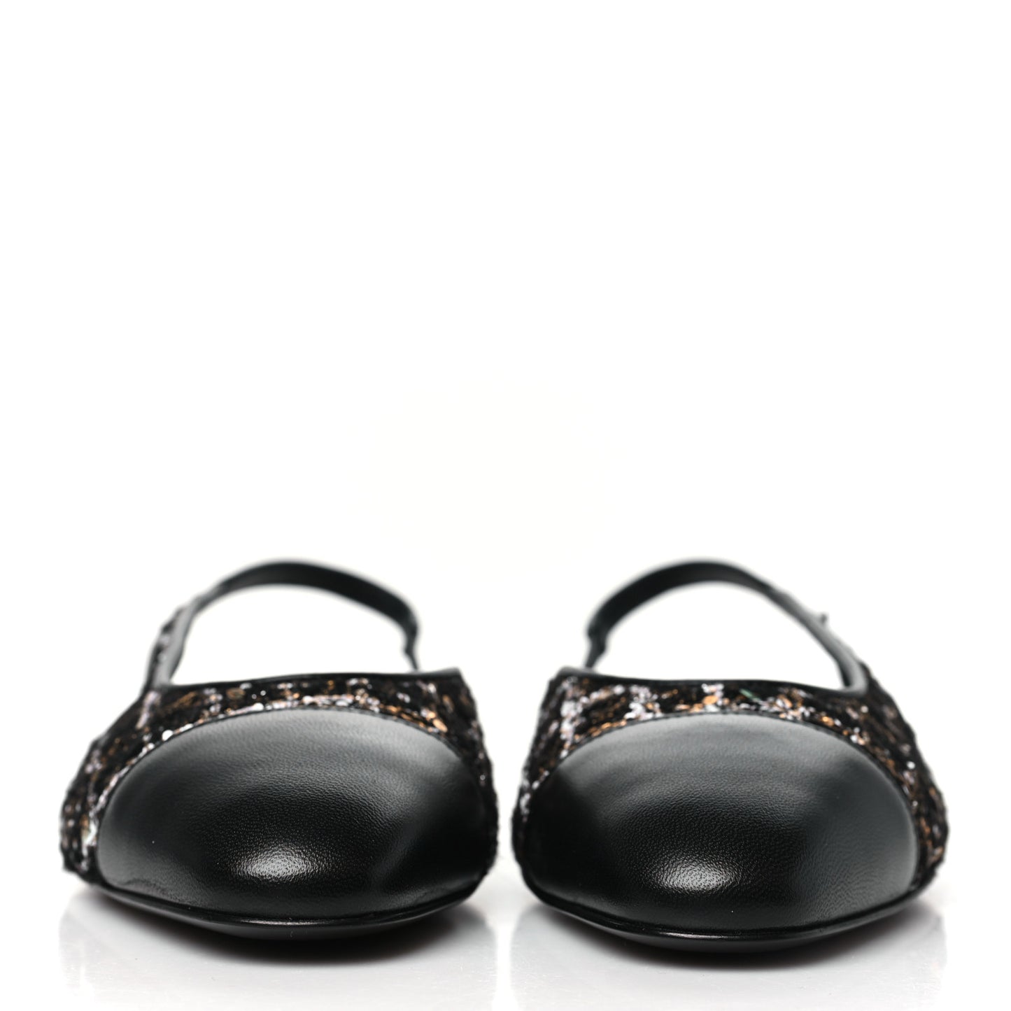 Tweed Sequins Cap Toe CC Slingback Flats 38.5 Black White Gold