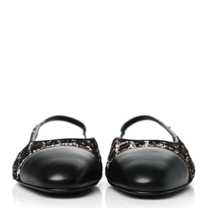 Chanel Tweed Sequins Cap Toe CC Slingback Flats 38.5 Black White Gold 2 of 10