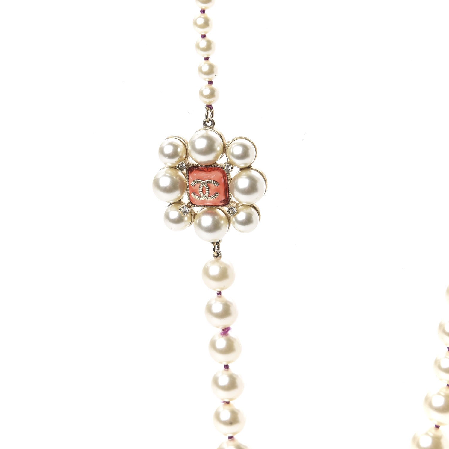 Chanel Pearl Crystal Gripoix CC Long Necklace Gold Pearly White Red 3 of 8