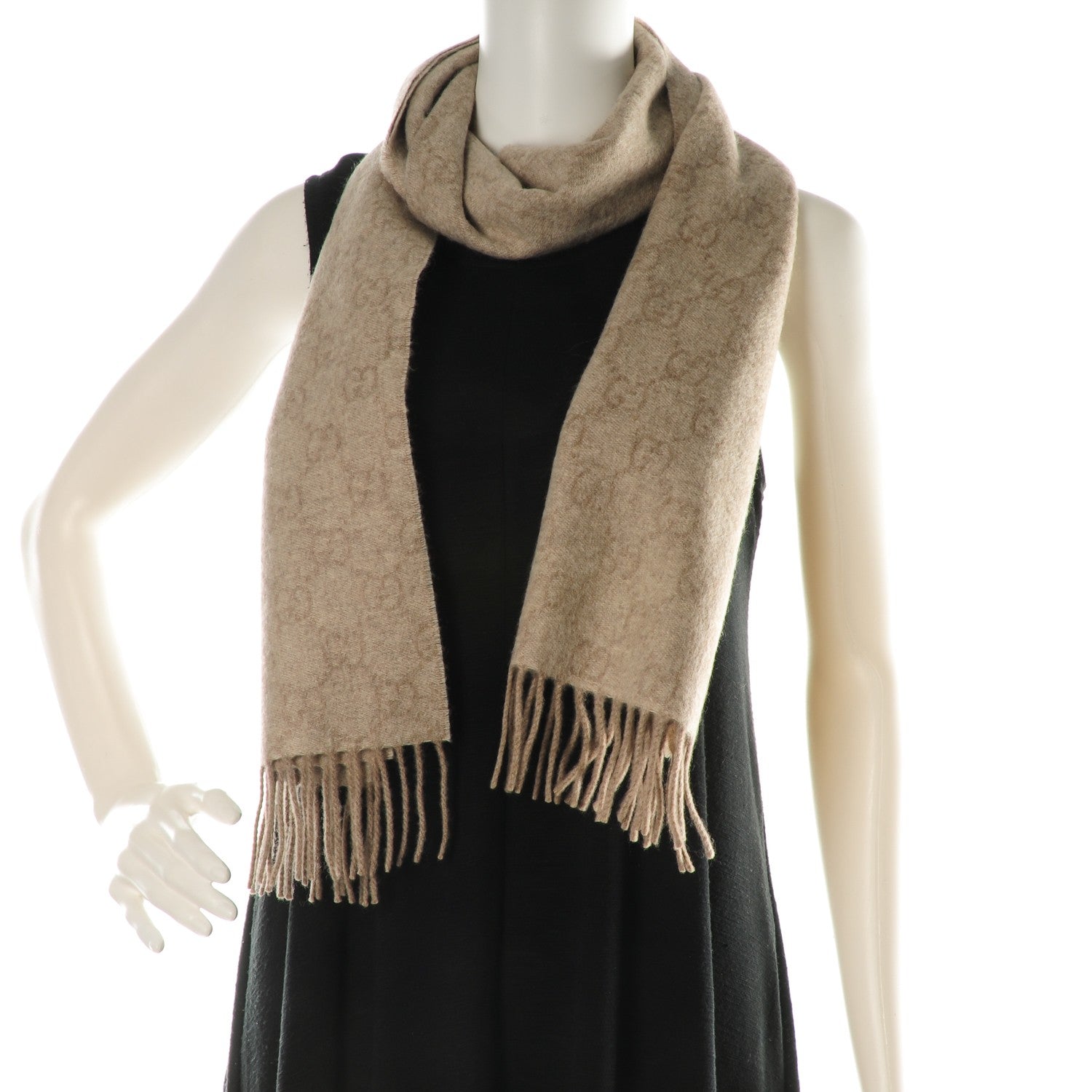Gucci Cashmere Monogram Fringe Scarf Beige 2 of 4