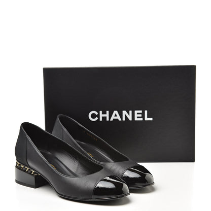 Chanel Lambskin Patent Cap Toe Low Heel Chain Pumps 36 Black 15 of 15