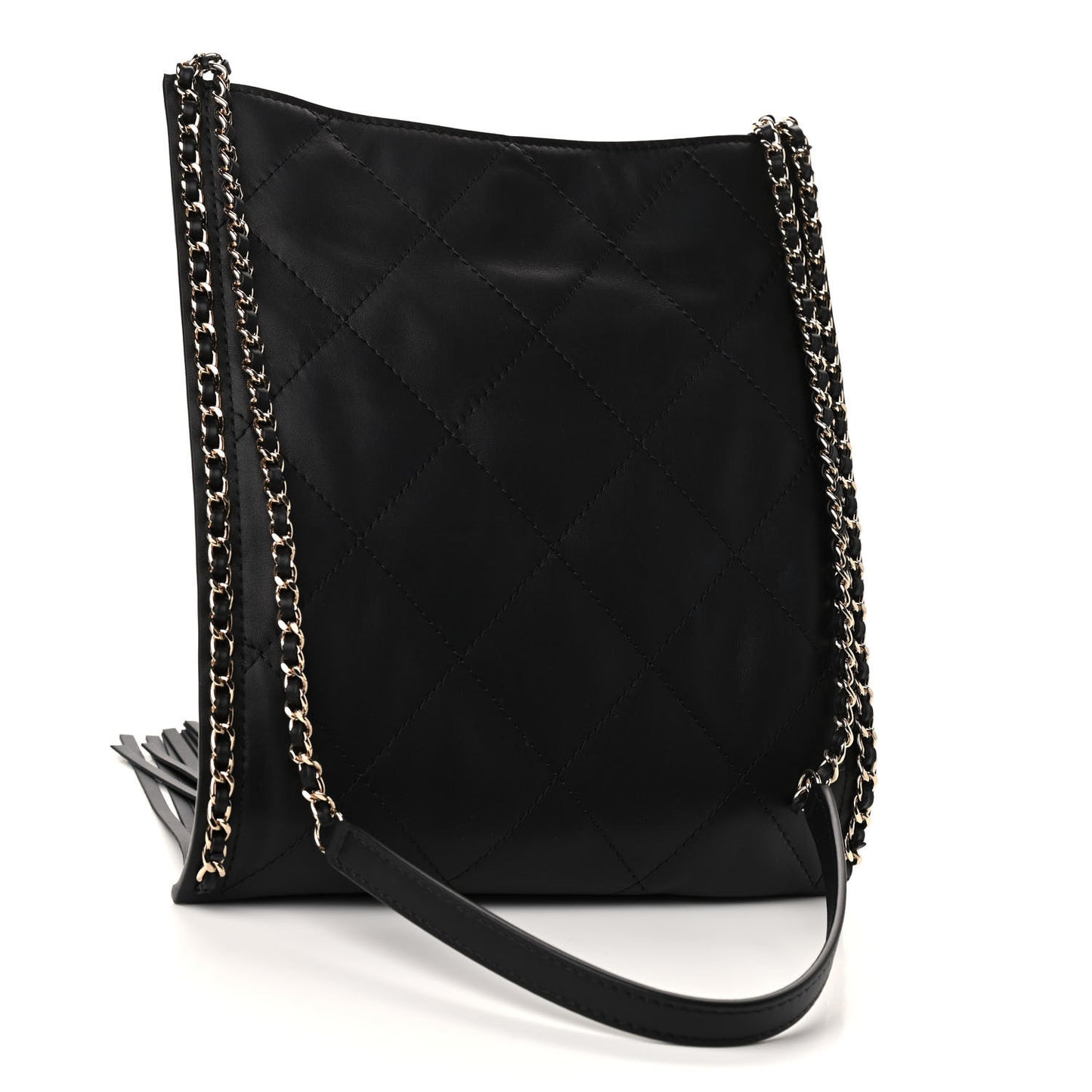 Calfskin Quilted Fringe Small Shopping Bag Black