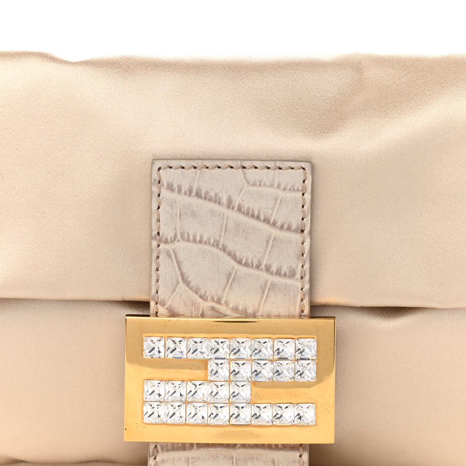 Fendi Satin Calfskin Crystal Crocodile Embossed Baguette Beige Pietra 7 of 10