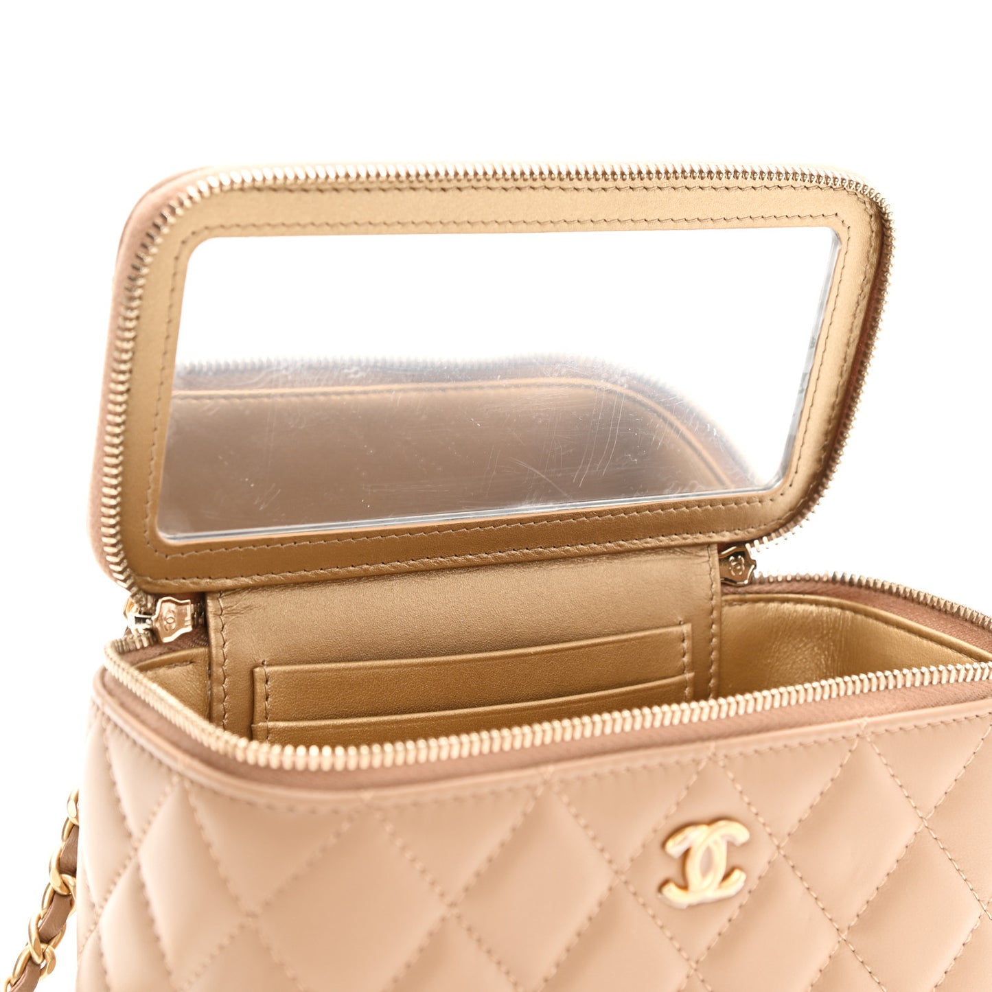 Lambskin Quilted Pearl Crush Small Vanity Case With Chain Beige